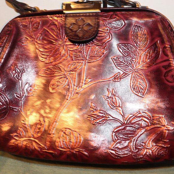Patricia Nash Gracchi Tooled Leather Frame Satchel Crossbody Purse– Dark Red - Picture 3 of 12